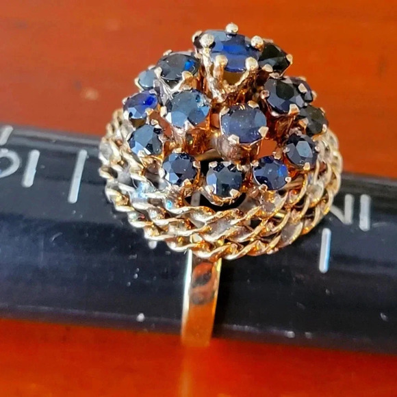 VINTAGE 14K YELLOW GOLD HAND MADE NATURAL SAPPHIRE RING BASKET DESIGN SIZE 7 3/4 - Picture 1 of 14